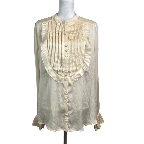 Trish Scully Blouse size 14 Cream Dotted Tuxedo Pleating Modest Wedding Career - Picture 1 of 9
